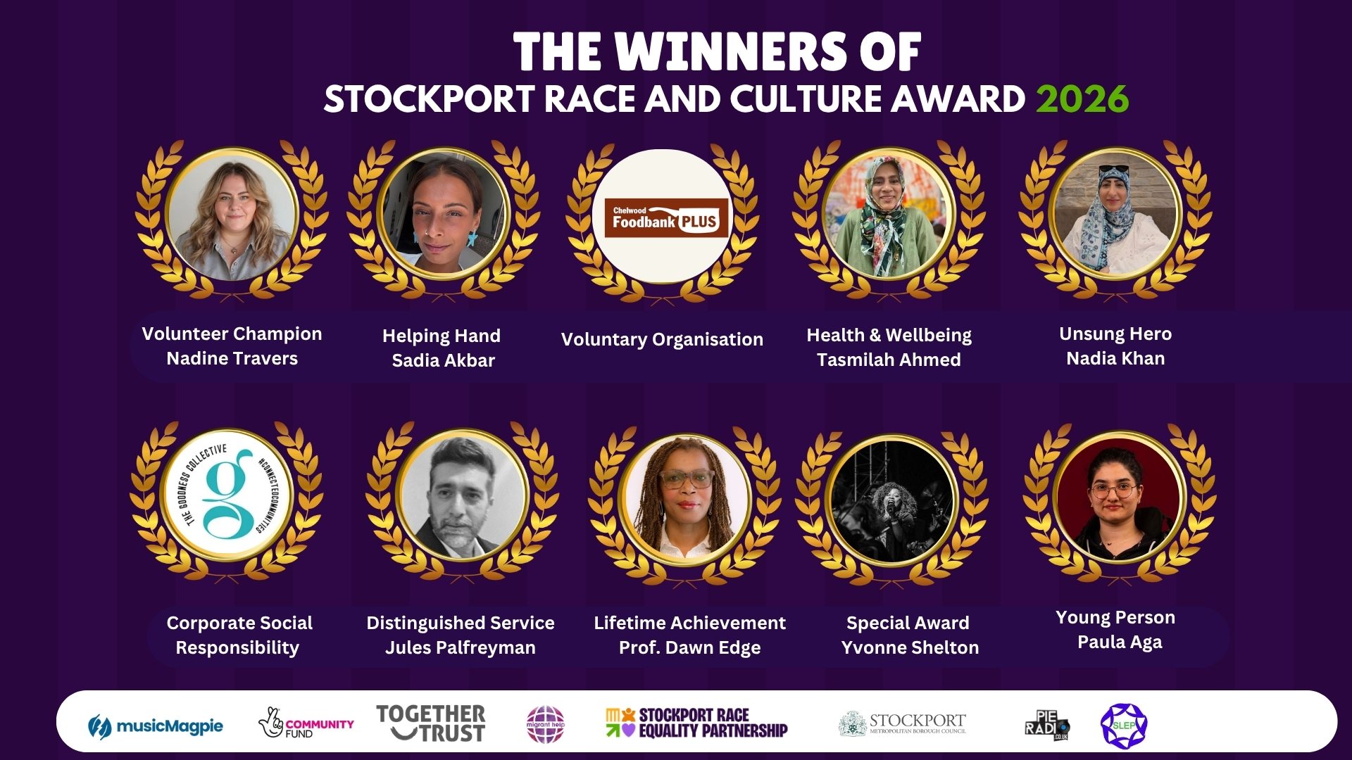 Winners of the Stockport Race and Culture Awards 2026 - ten laurel portraits including Volunteer Champion Nadine Travers, Helping Hand Sadia Akbar, Voluntary Organisation Chelwood Foodbank Plus, Health & Wellbeing Tasmilah Ahmed, Unsung Hero Nadia Khan, Corporate Social Responsibility The Goodness Collective, Distinguished Service Jules Palfreyman, Lifetime Achievement Prof. Dawn Edge, Special Award Yvonne Shelton, Young Person Paula Aga.